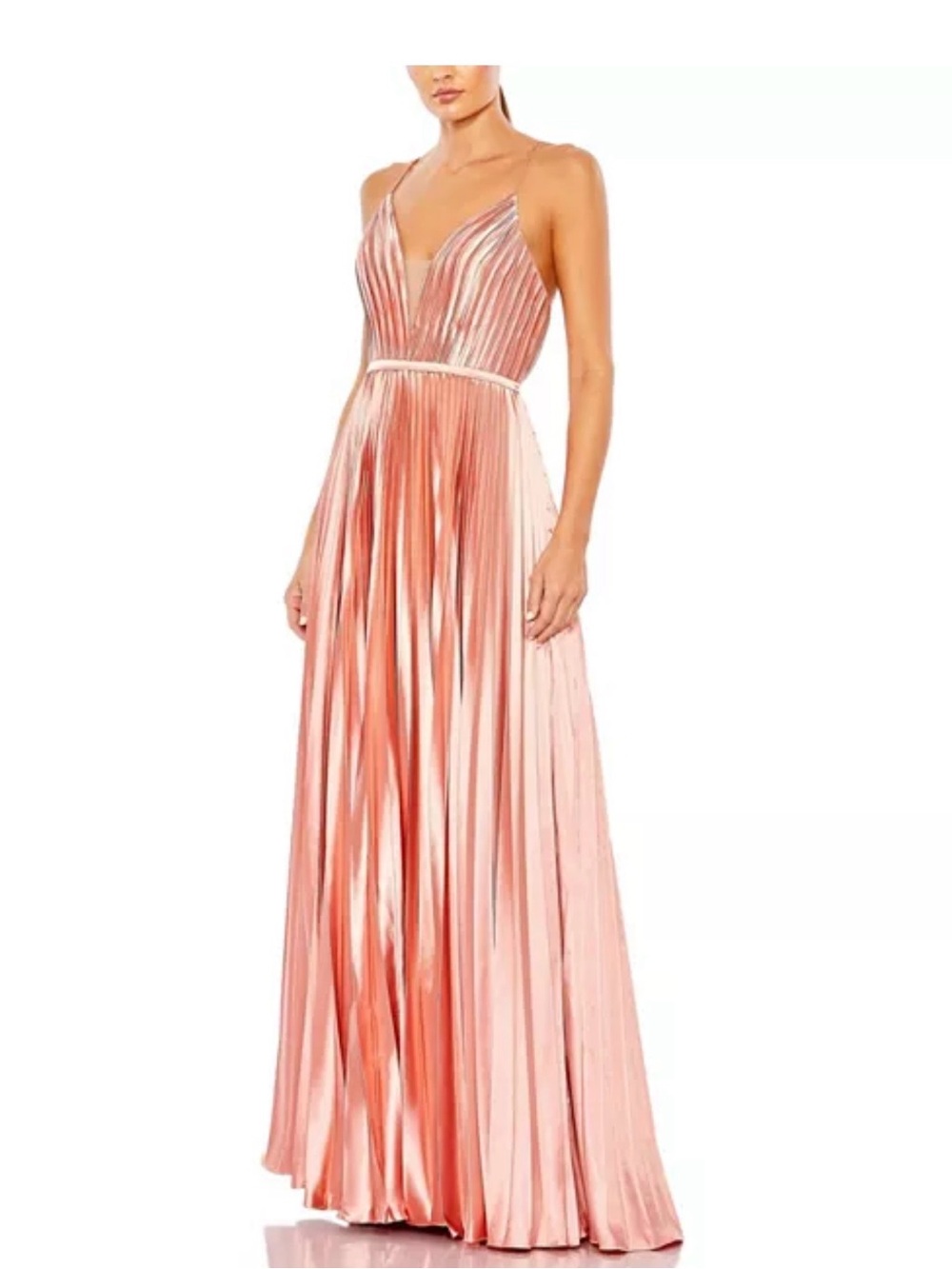 Mac Duggal Metallic Rose Pink Pleated Maxi Gown